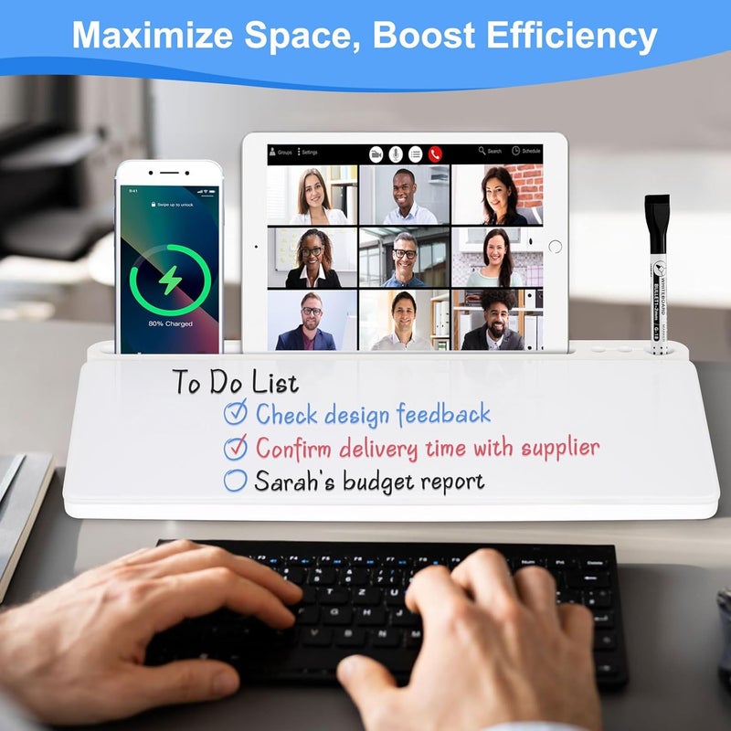 WALGLASS لوحة زجاجية بيضاء مكتبية مع تخزين، لوحة بيضاء للمكتب مع حامل لوحة مفاتيح الكمبيوتر، لوحة بيضاء قابلة للمسح الجاف مع أدراج لتنظيم المكتب في المنزل والمدرسة والمكتب، - Image 2